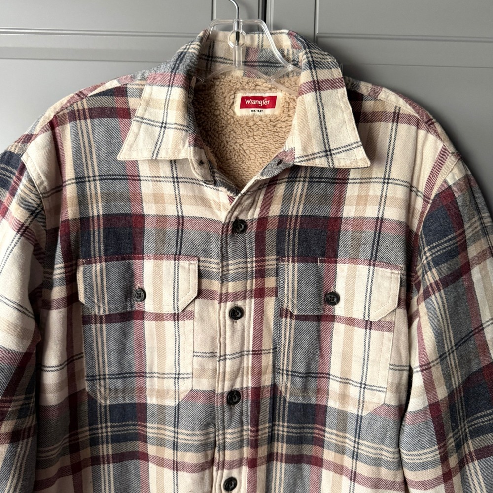 Wrangler VTG Men's Western Plaid Sherpa Lined Flannel Shirt Jacket, White Red, S - Picture 3 of 11